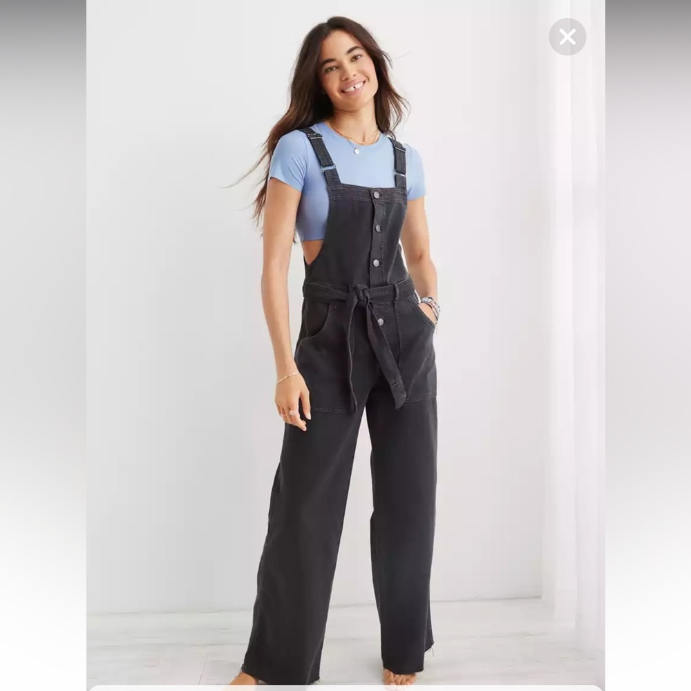 Aerie Skater Denim Wide Leg Overalls SZ M